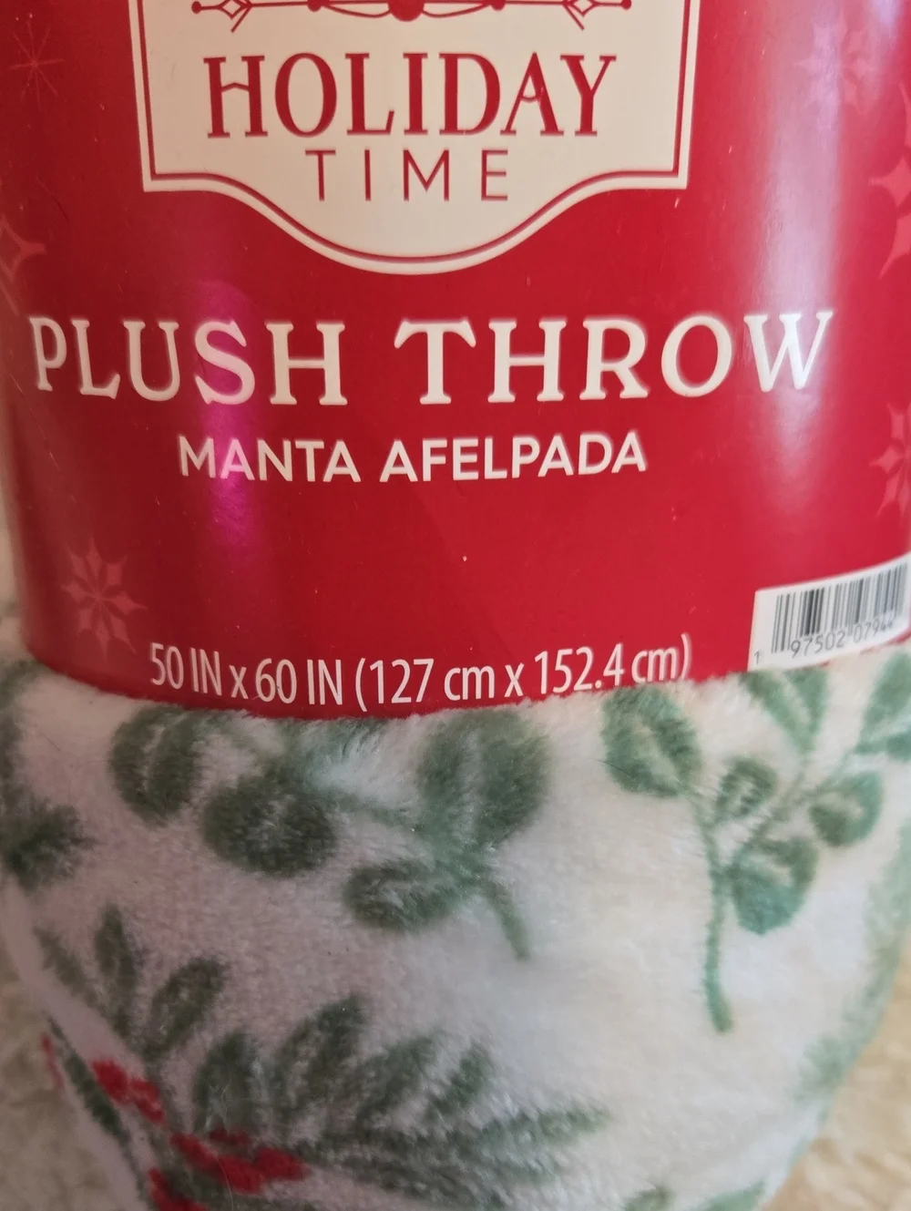 Holiday Time Green & White Holly Plush Throw Blanket